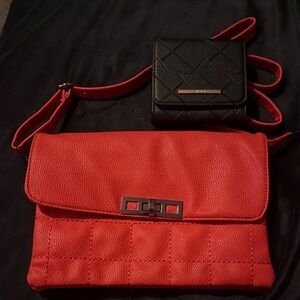 Red and Black Crossbody Bag Set Toggle Closure Adjustable Strap Aldo Wallet GUC